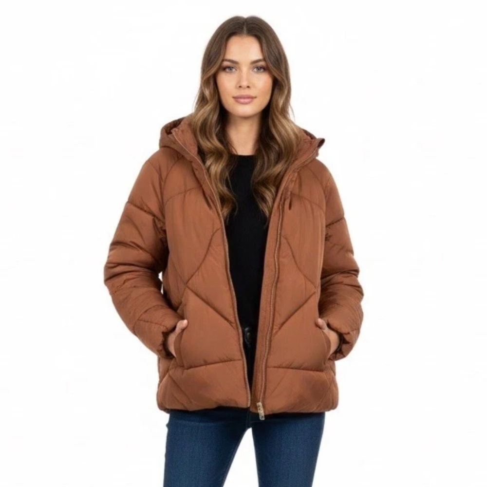 Maurices Puffer Jacket Women's Large Brown Diamond Quilted Hooded Winter Coat